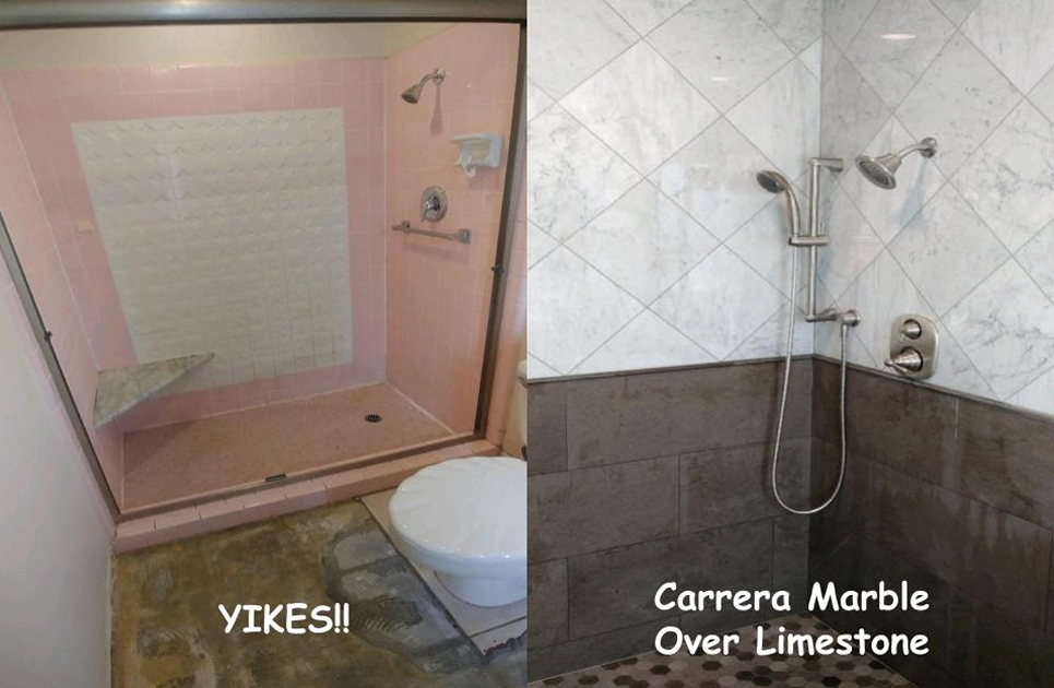 Carrera Marble Over Limestone Bathroom Remodel